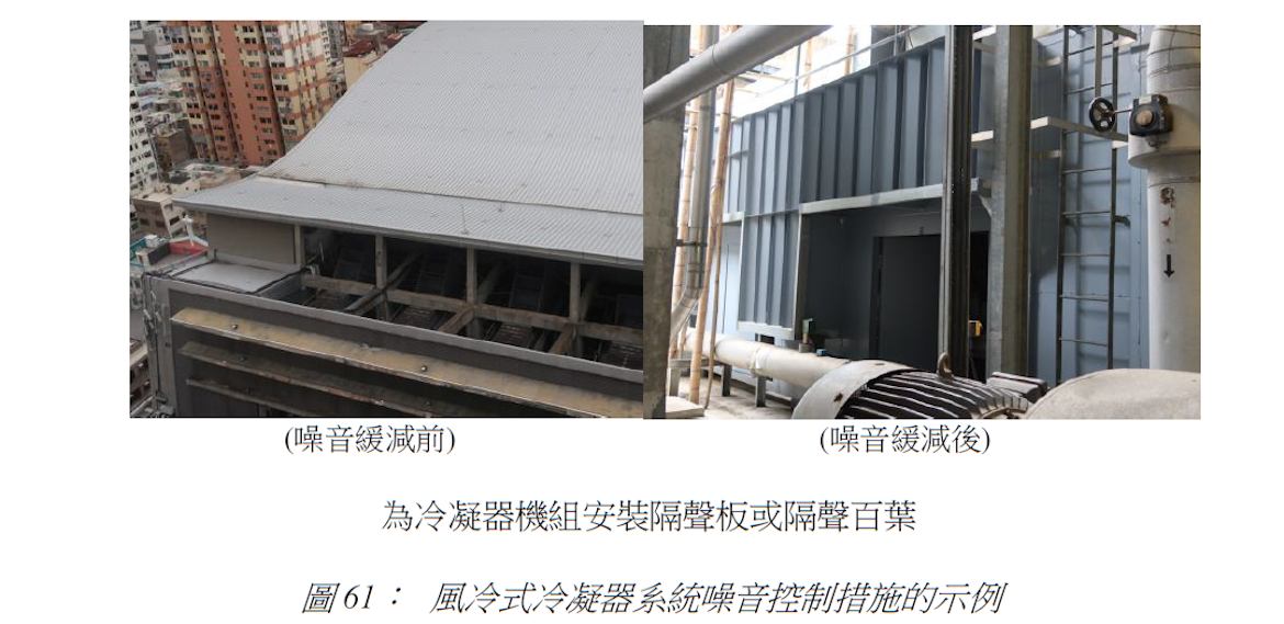 圖 61： 風冷式冷凝器系統噪音控制措施的示例